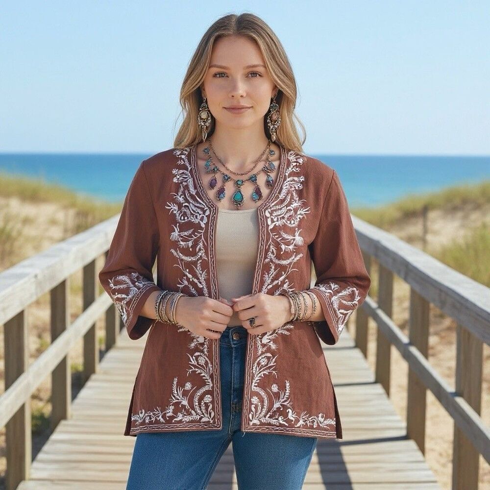Lino USA Brown Embroidered Linen Jacket